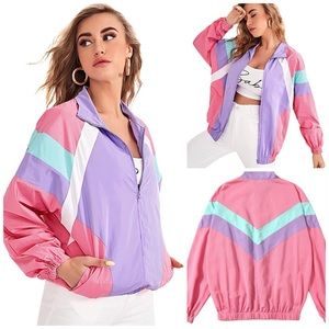 NWT Windbreaker Bomber Jacket Lightweight Style Multicolor 80s Design La…